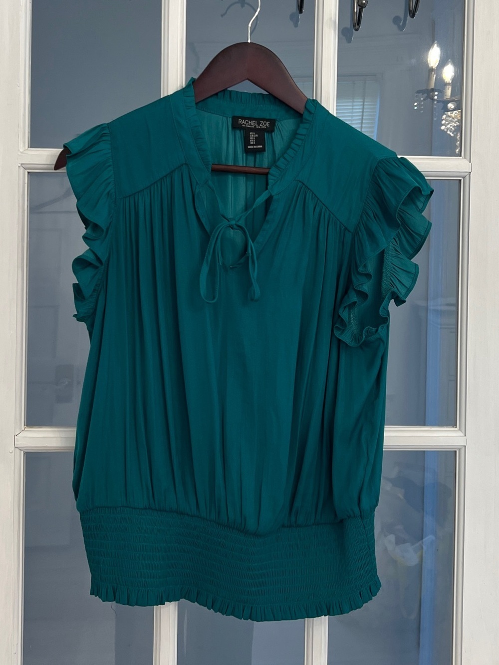 RACHEL ZOE Women's Teal Tie Neck Ruffle Sleeve Smocked Waist Top Size L
